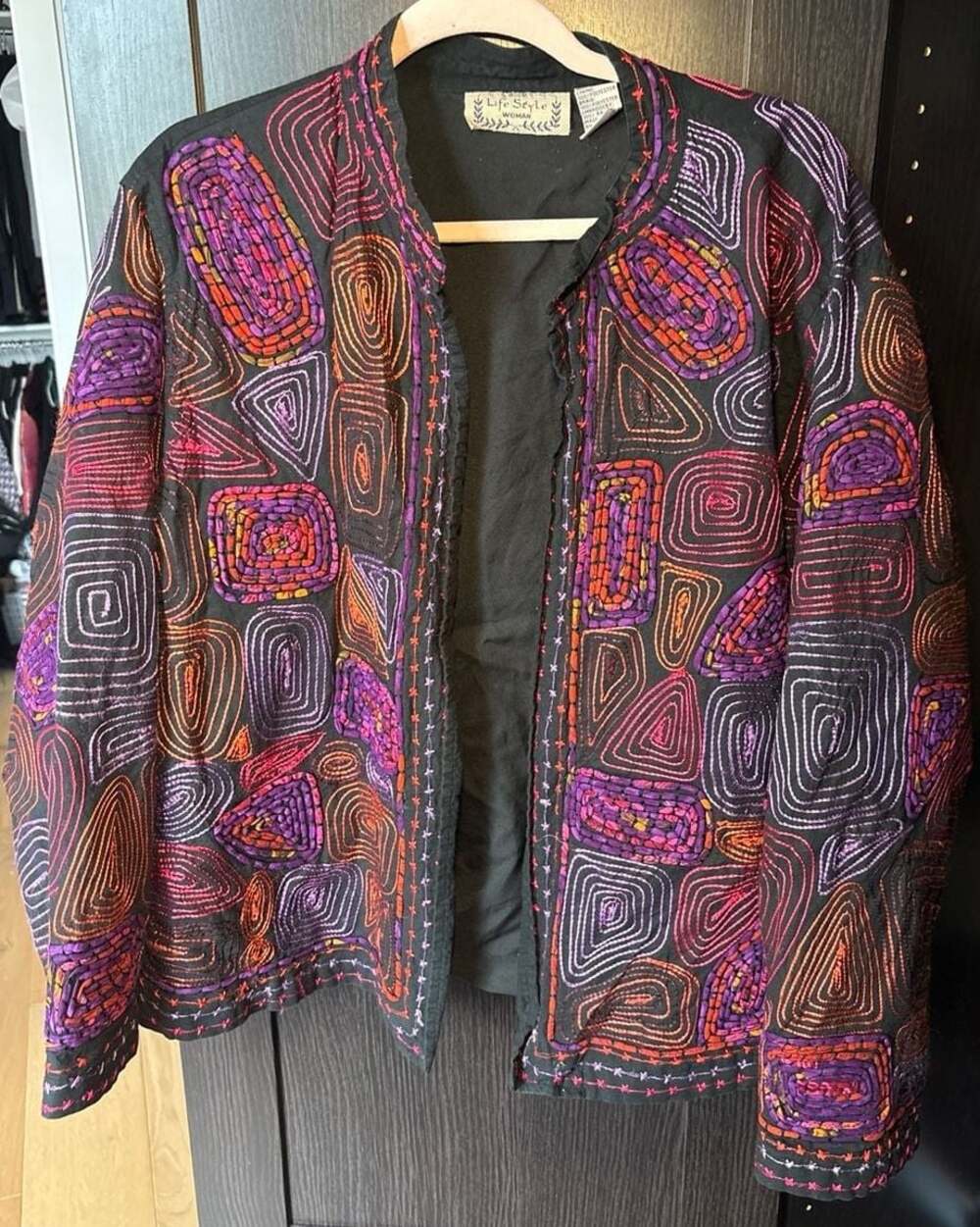 Life Style Woman Plus Size 2X Embroidered Abstract Swirl Cotton Open Front Jacke